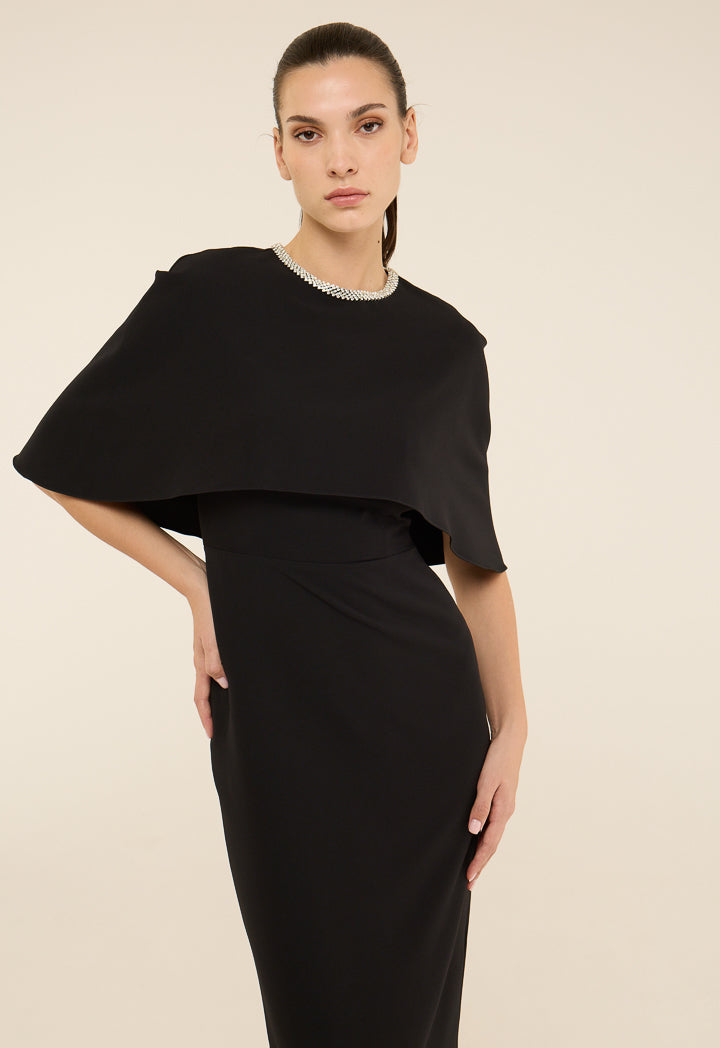 Riva Crystal Embellished Cape Gown Dress Black