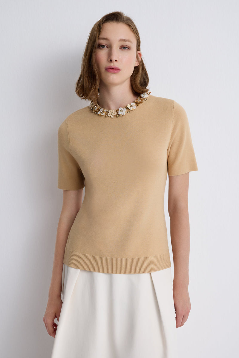 Nean Embellished Neckline Tricot Top
 Beige