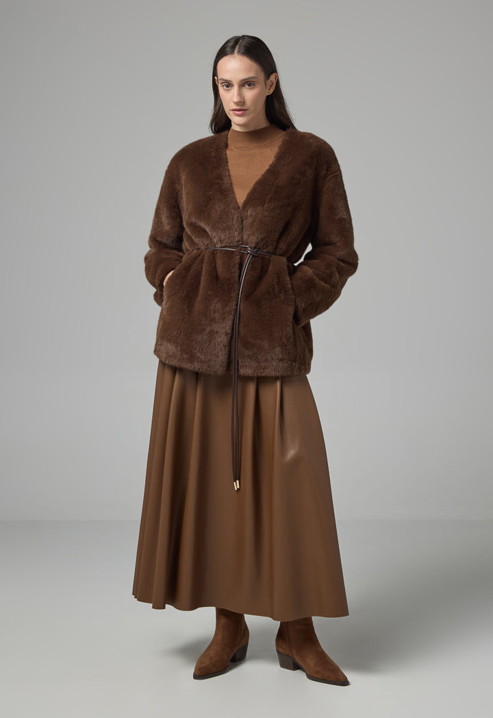 Choice Belted Faux Fur Poncho Brown