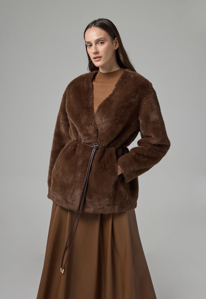 Choice Belted Faux Fur Poncho Brown