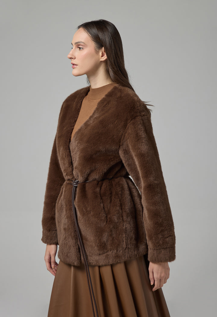 Choice Belted Faux Fur Poncho Brown