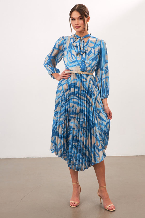 Setre Patterned Pleated Midi Dress Blue