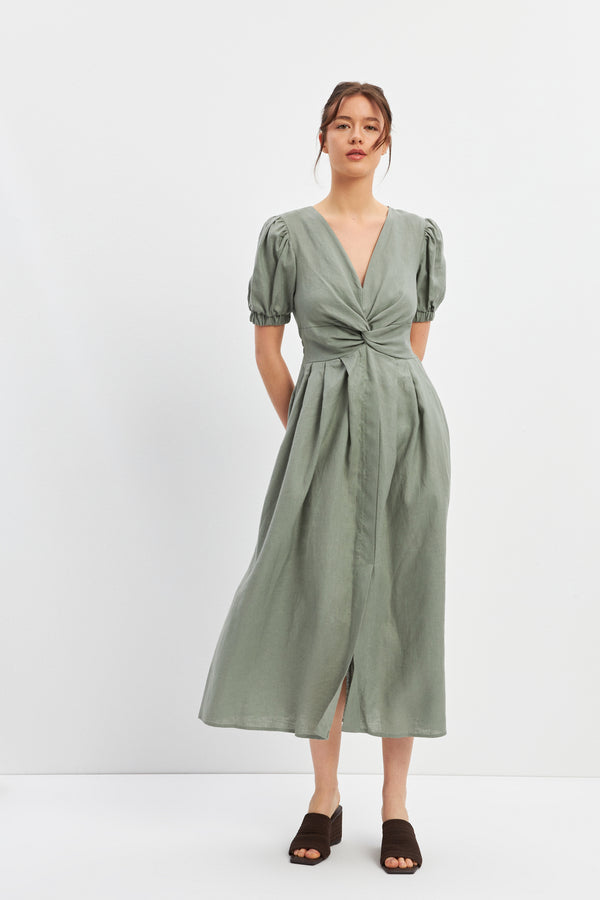 Setre Gathered And Sleeve Detailed Linen Dress Olive