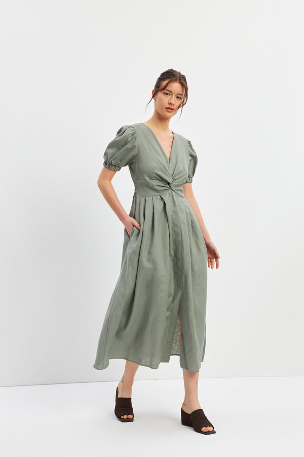 Setre Gathered And Sleeve Detailed Linen Dress Olive
