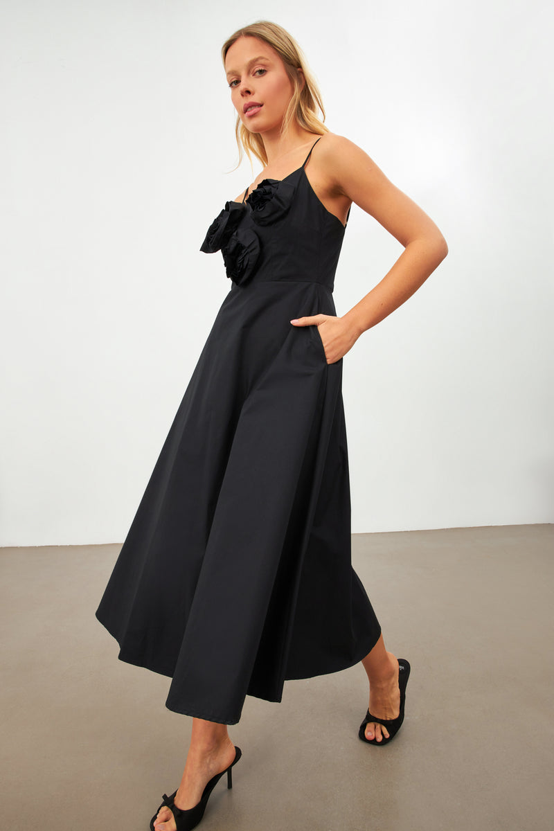 Setre Flower-Embroidered Midi Dress Black
