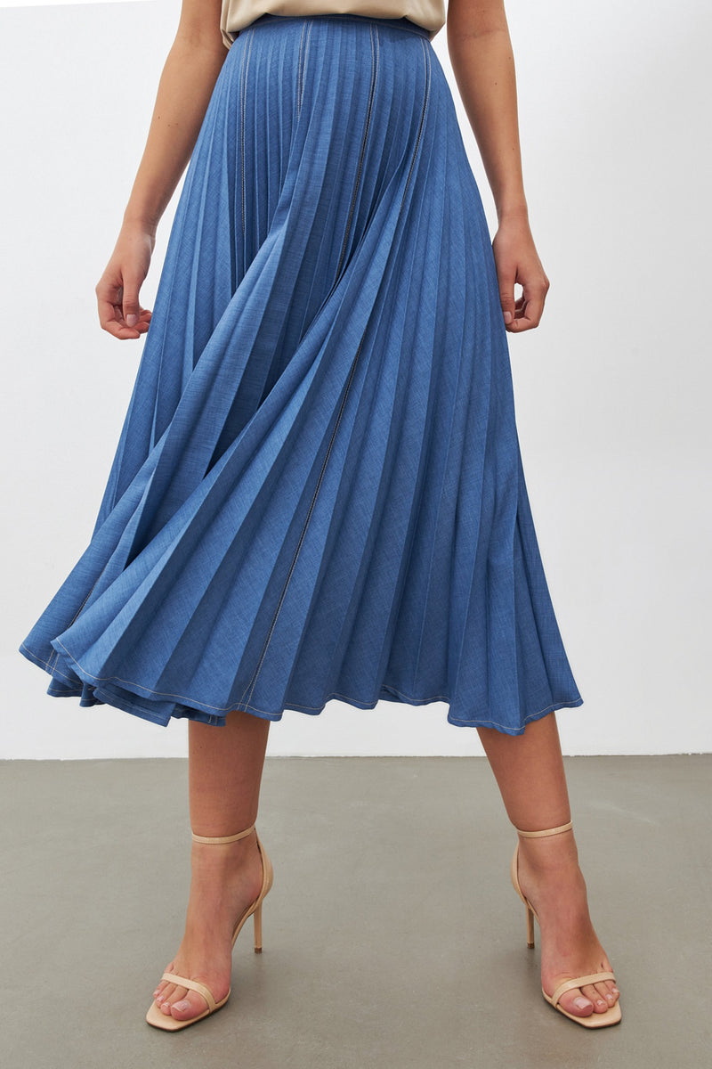 Setre Pleated Detail Midi Skirt Blue