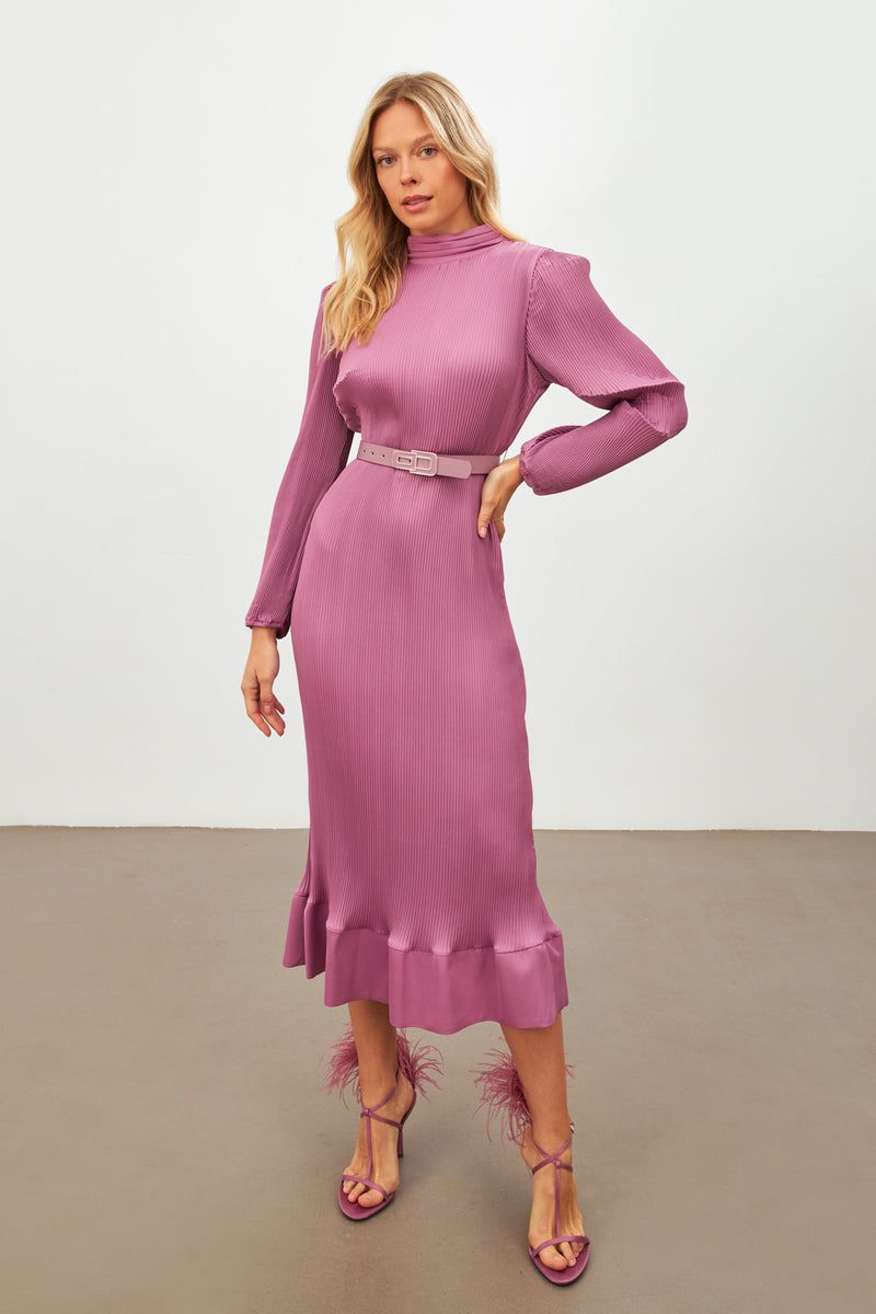 Setre Long Sleeve Pleated Midi Dress Lilac
