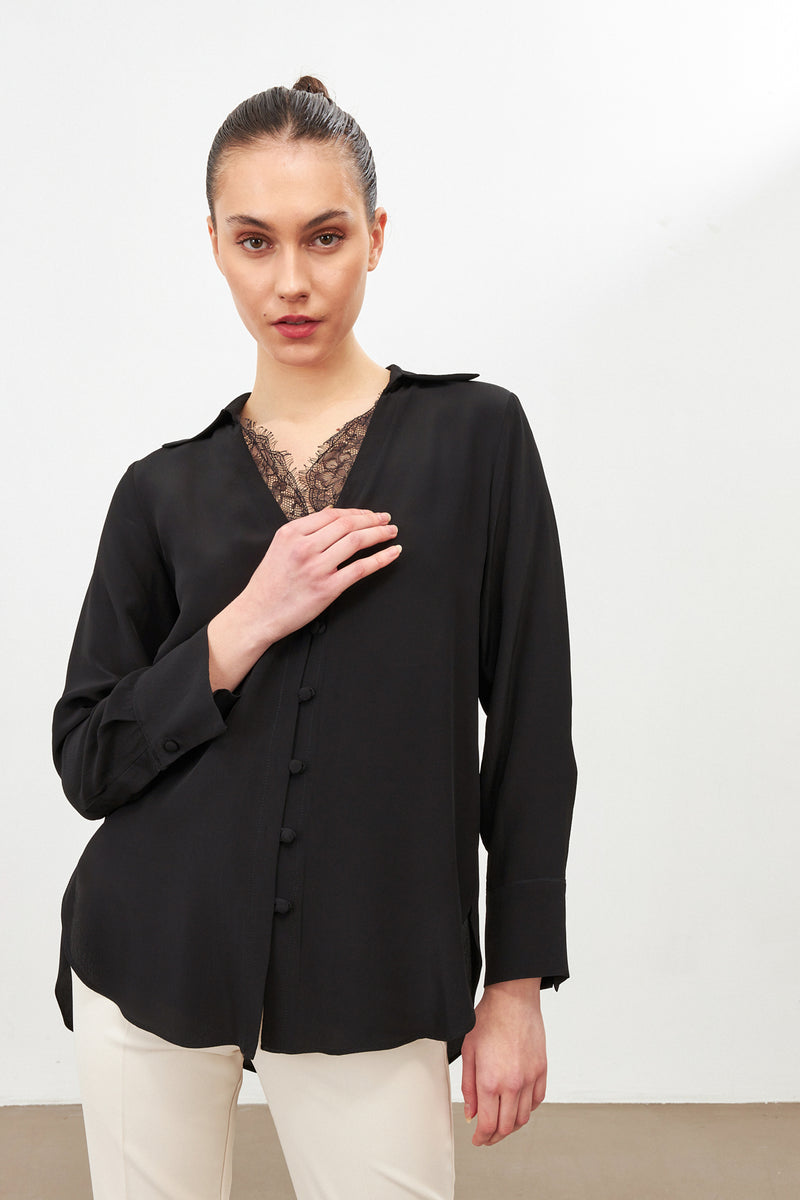 Setre Lace Detail Long Sleeve Shirt With Collar Black