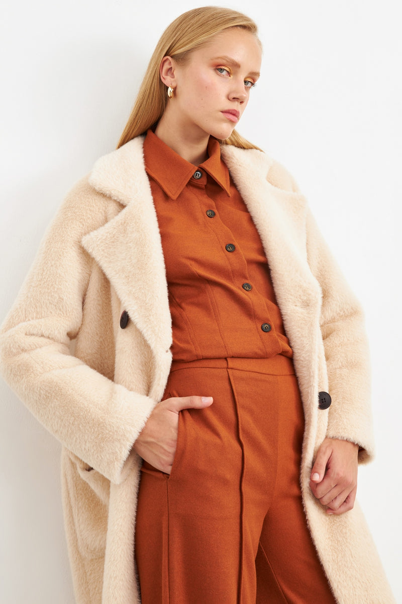 Setre Double-Breasted Fur Coat Beige