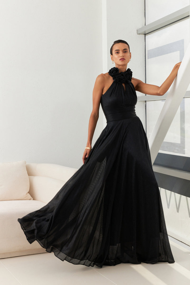 Setre Halter Neck With Rose Detail Evening Dress Black