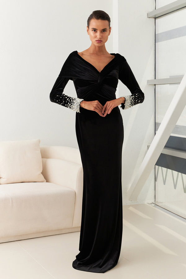 Setre Sleeve Detailed V-Neck Evening Dress Black