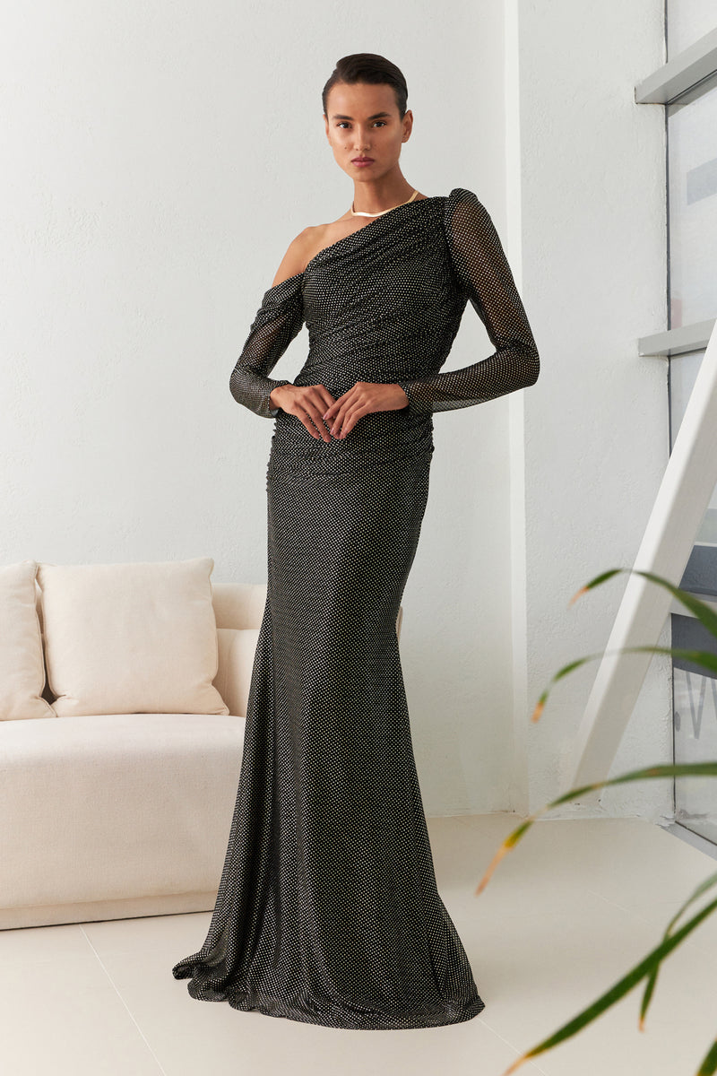 Setre Asymmetrical Collar Detailed Draped Evening Dress Black