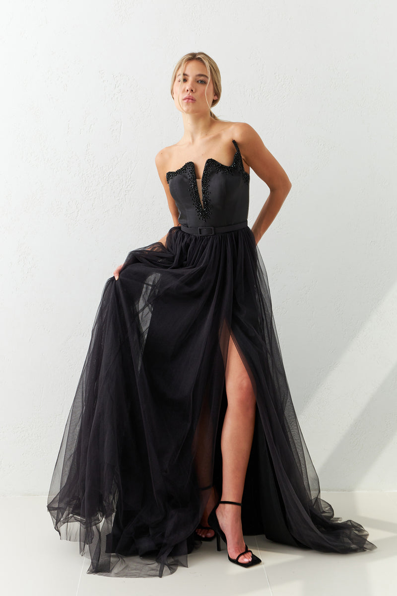 Setre Sweetheart Neckline Tulle Evening Dress Black