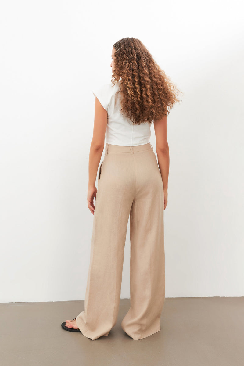 Setre Pleat Detailed Linen Trousers Beige
