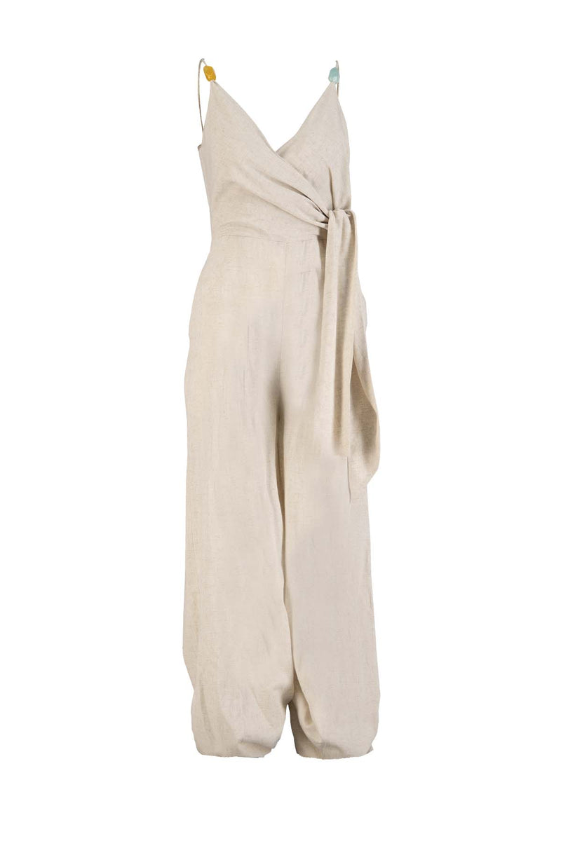 Setre Surplice Neck Tie Detail Jumpsuit Beige