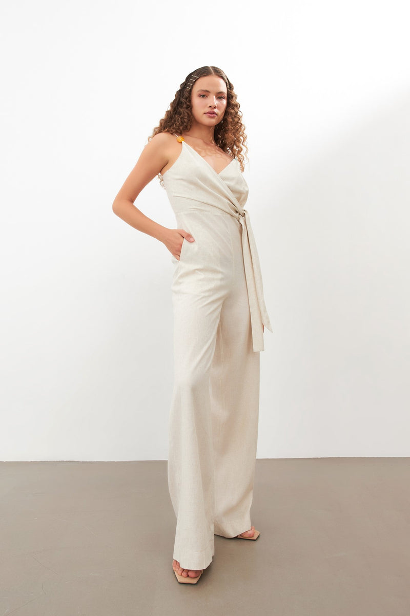 Setre Surplice Neck Tie Detail Jumpsuit Beige