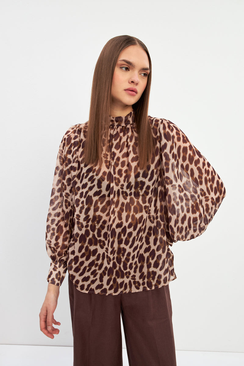 Setre Leopard Patterned Halter Neck Detailed Blouse Brown-Beige