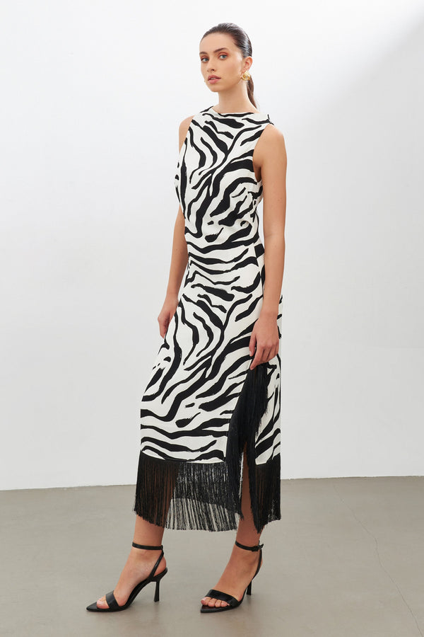Setre Zebra Print Sleeveless Fringed Dress Black/White