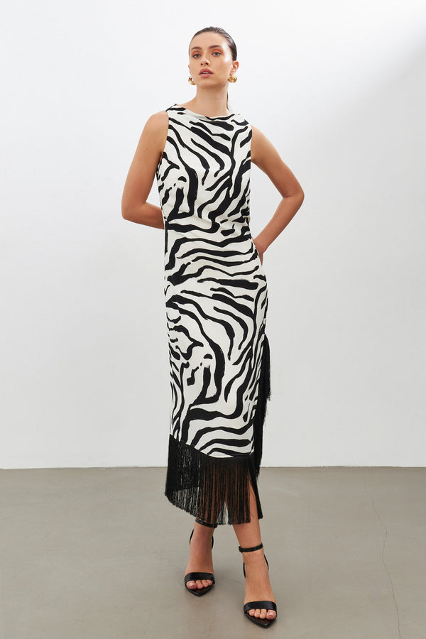 Setre Zebra Print Sleeveless Fringed Dress Black/White