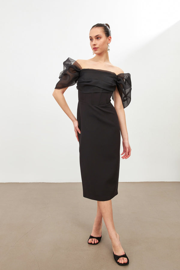 Setre Collar And Sleeve Tulle Detailed Dress Black