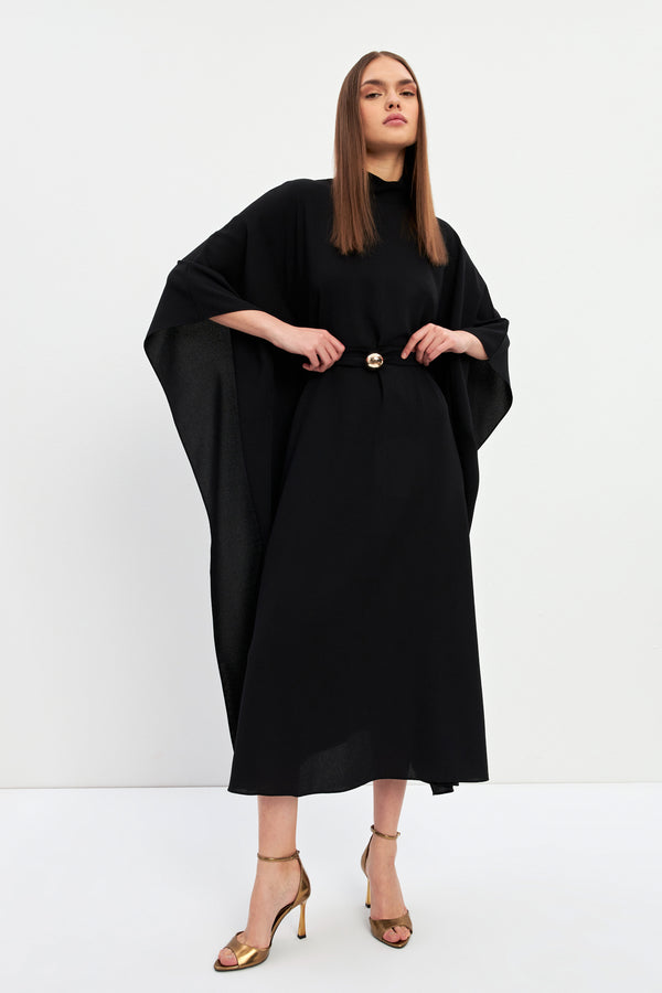 Setre Waist Detailed Turtleneck Long Sleeve Midi Dress Black