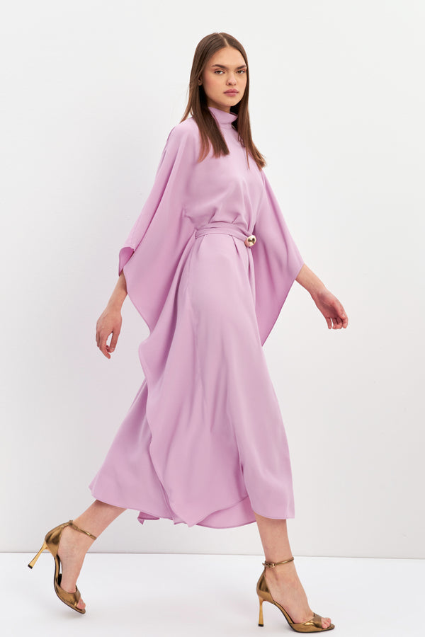 Setre Waist Detailed Turtleneck Long Sleeve Midi Dress Pink