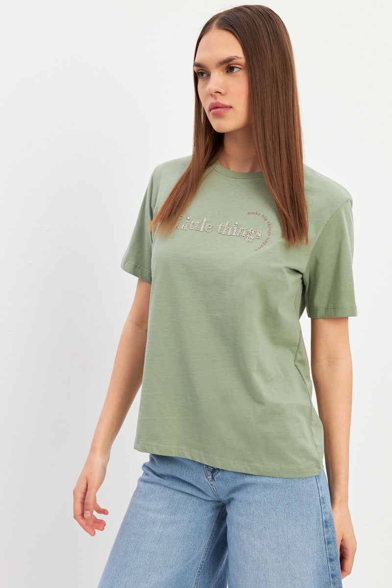 Setre Mini Print Detailed Crew Neck T-Shirt Light Green