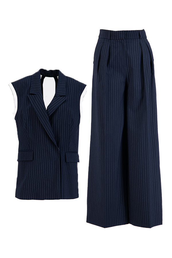 Setre Striped Vest And Pants Set With Line Detail Navy