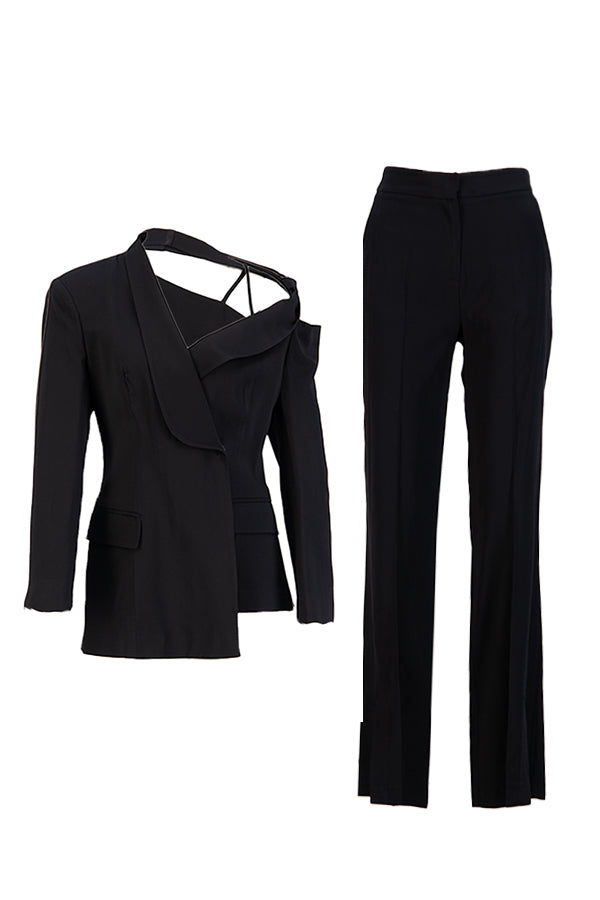 Setre Asymmetric Cut Jacket And Slit Detail Pantsuit Black