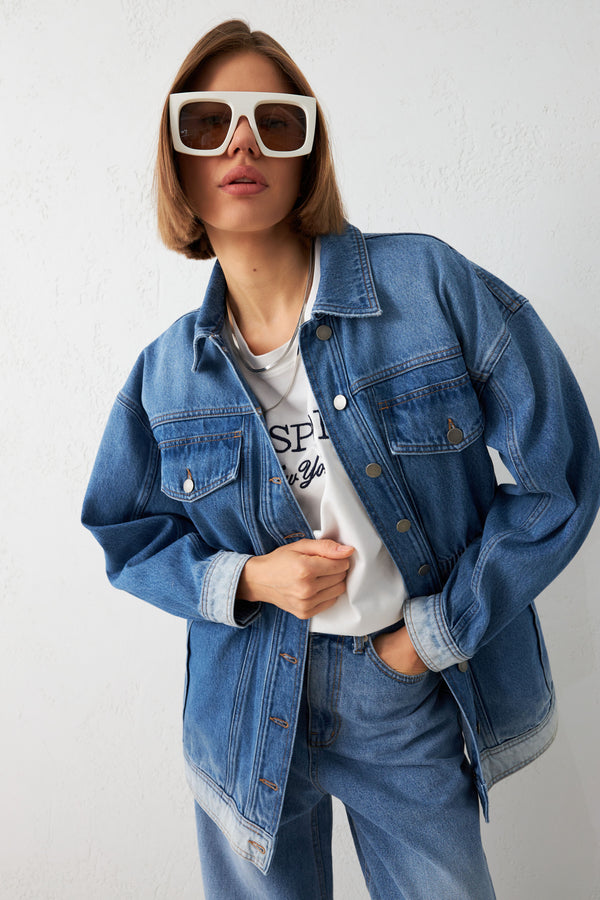 Setre Gathered Waist Denim Jacket Blue