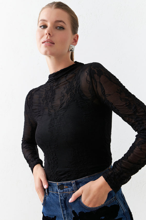 Setre Transparent Lace Detailed Turtleneck Blouse Black