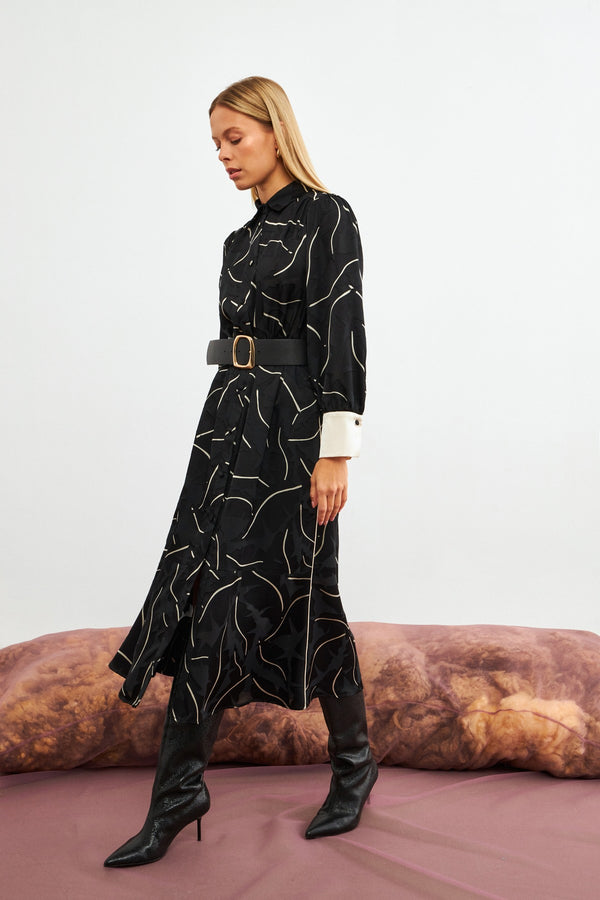 Setre Belt Detailed Patterned Shirt Dress Black