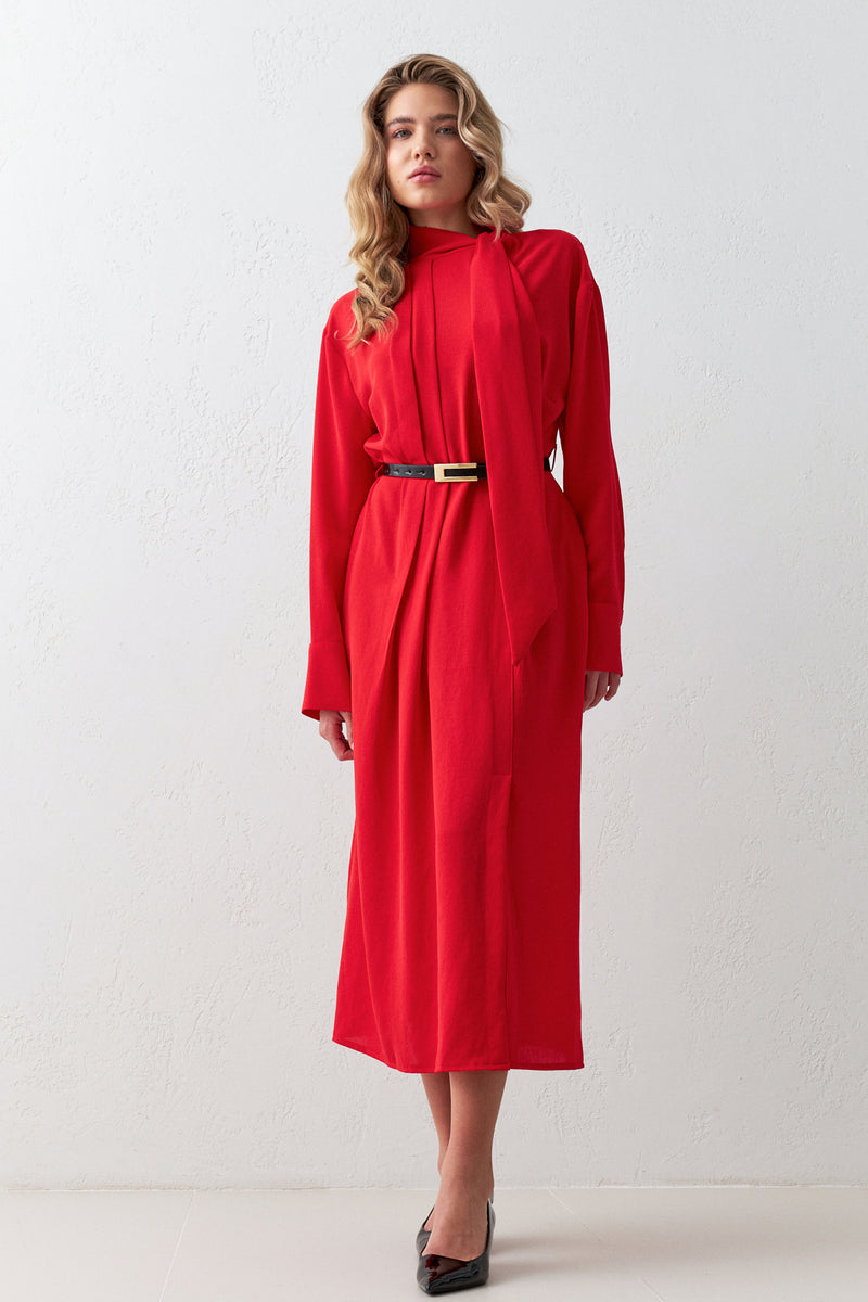 Setre Collar Tie Detail Midi Dress Red