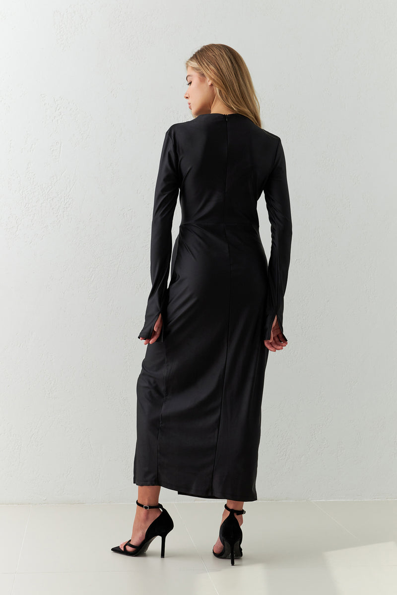 Setre Waist Detailed Long Sleeve Slit Midi Dress Black