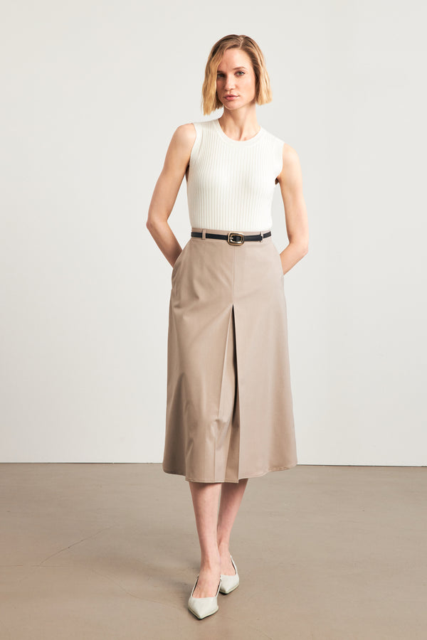 Setre Belted Single Pleat Detailed Midi Skirt Beige