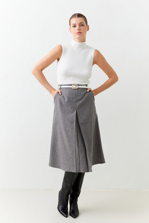 Setre Striped Asymmetrical Detailed Pocket Midi Skirt Grey