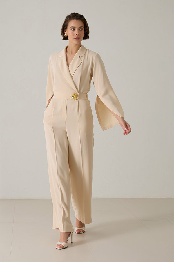 Setre Sleeve Detailed Waist Belted Jumpsuit Beige