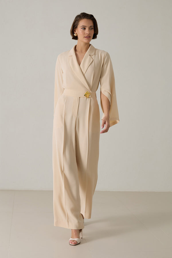 Setre Sleeve Detailed Waist Belted Jumpsuit Beige