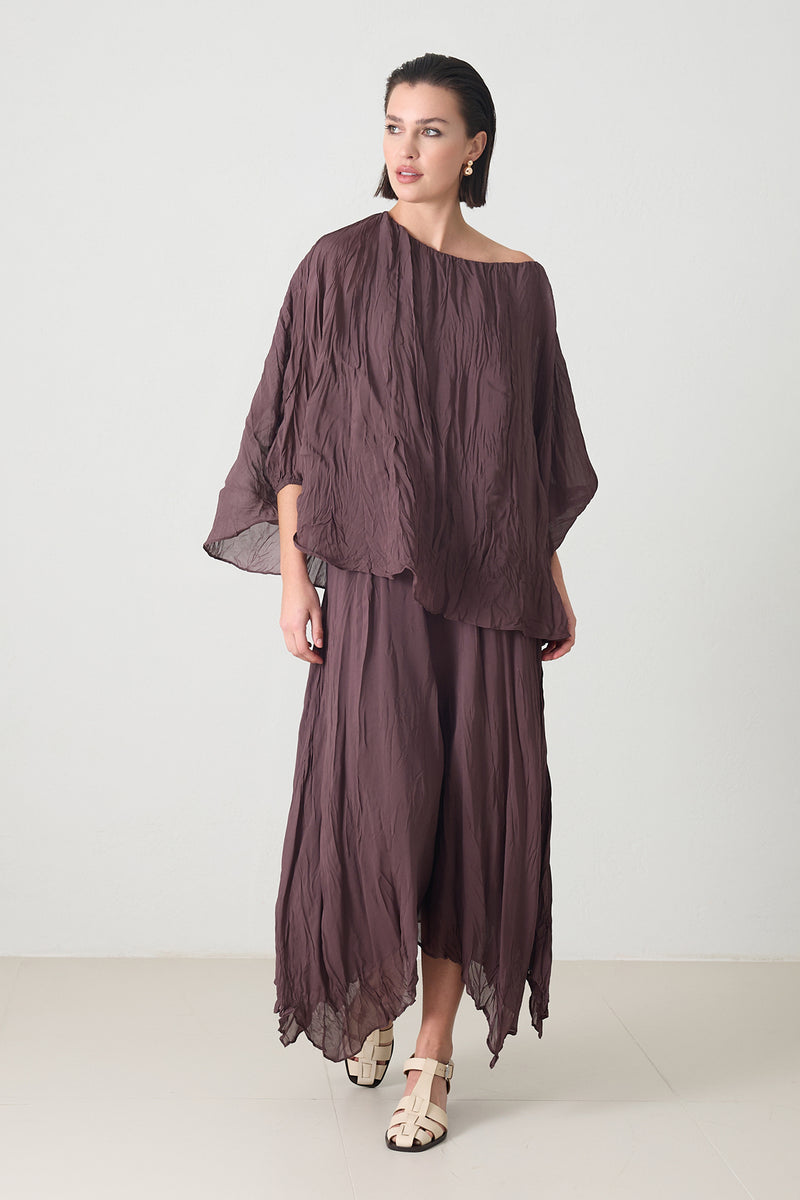 Setre Relaxed Cut Blouse Midi Length Asymmetrical Skirt Suit Brown