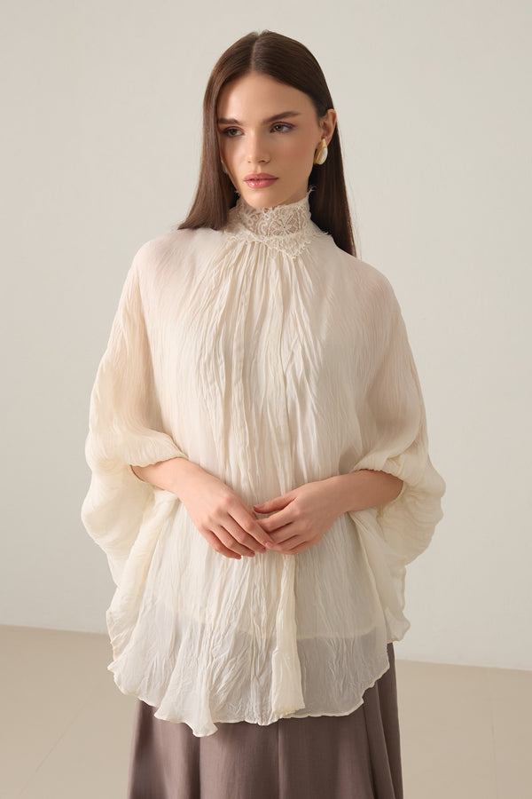 Setre Tulle Detailed Casual Cut Blouse Cream