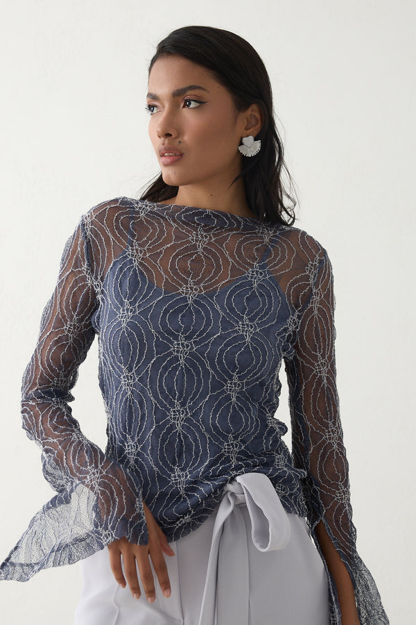 Setre Patterned Detailed Lace Blouse Indigo