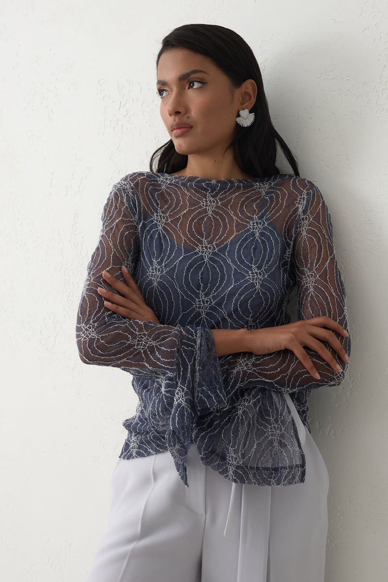 Setre Patterned Detailed Lace Blouse Indigo