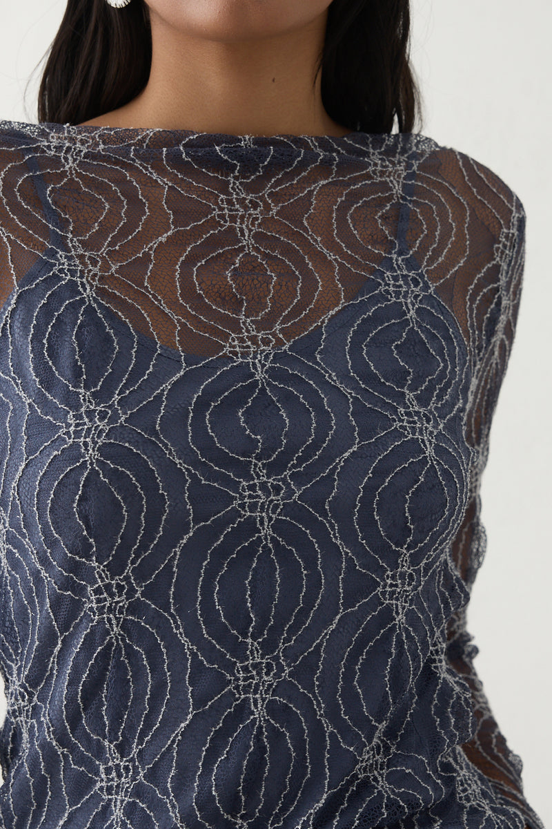 Setre Patterned Detailed Lace Blouse Indigo