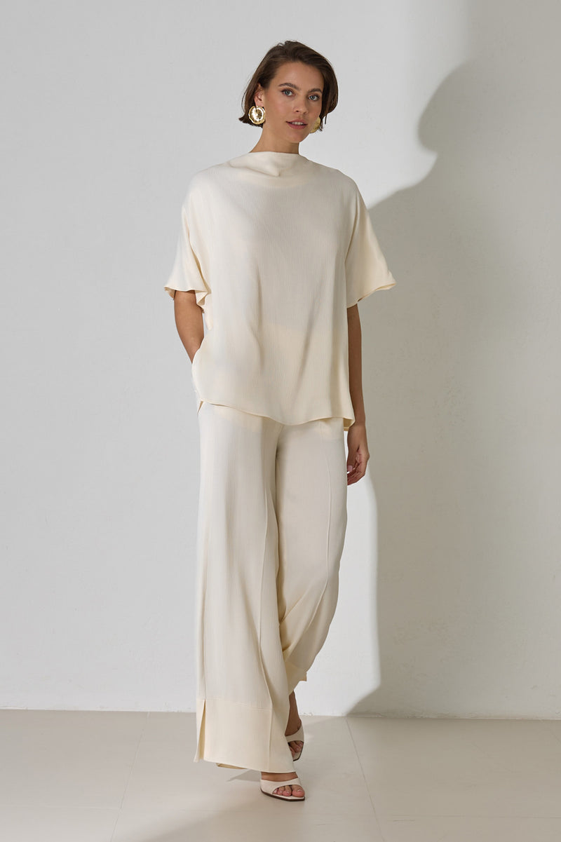 Setre Neck And Sleeve Detailed Blouse With Trousers Cream