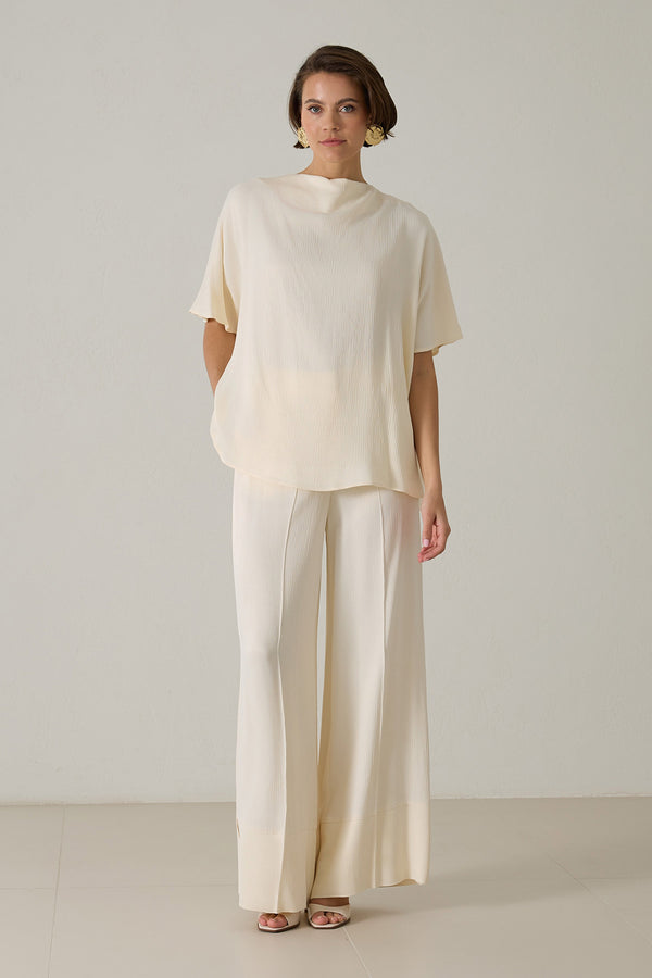 Setre Neck And Sleeve Detailed Blouse With Trousers Cream