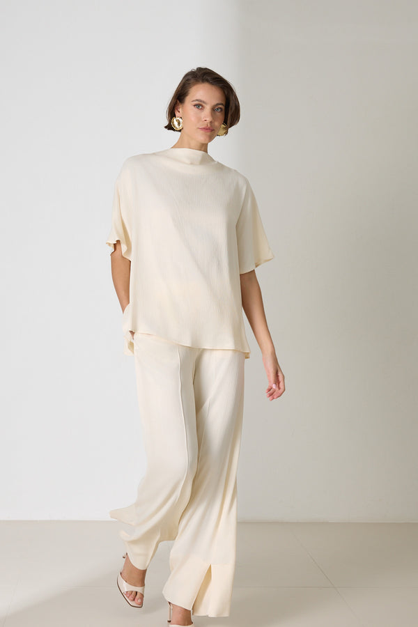 Setre Neck And Sleeve Detailed Blouse With Trousers Cream