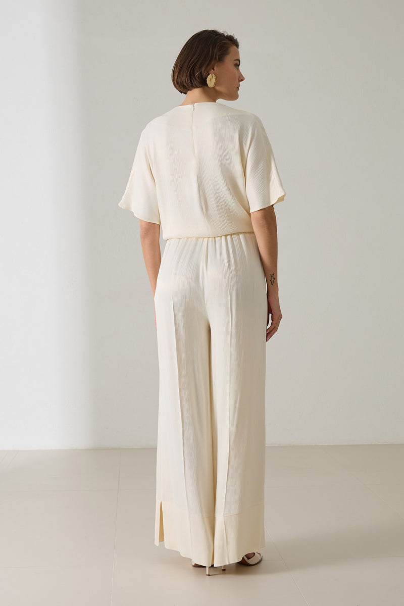 Setre Neck And Sleeve Detailed Blouse With Trousers Cream
