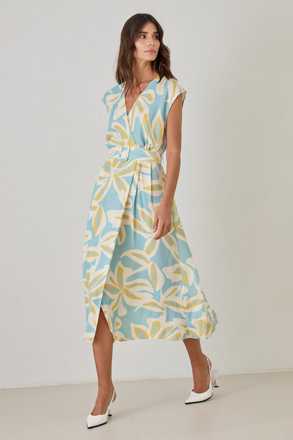 Setre V Neck Tie Waist Detail Patterned Dress Turquoise