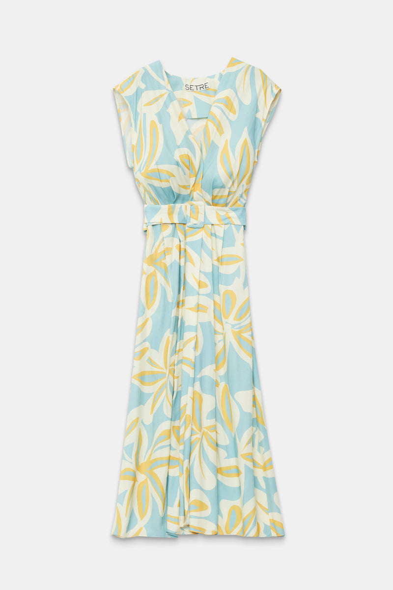 Setre V Neck Tie Waist Detail Patterned Dress Turquoise