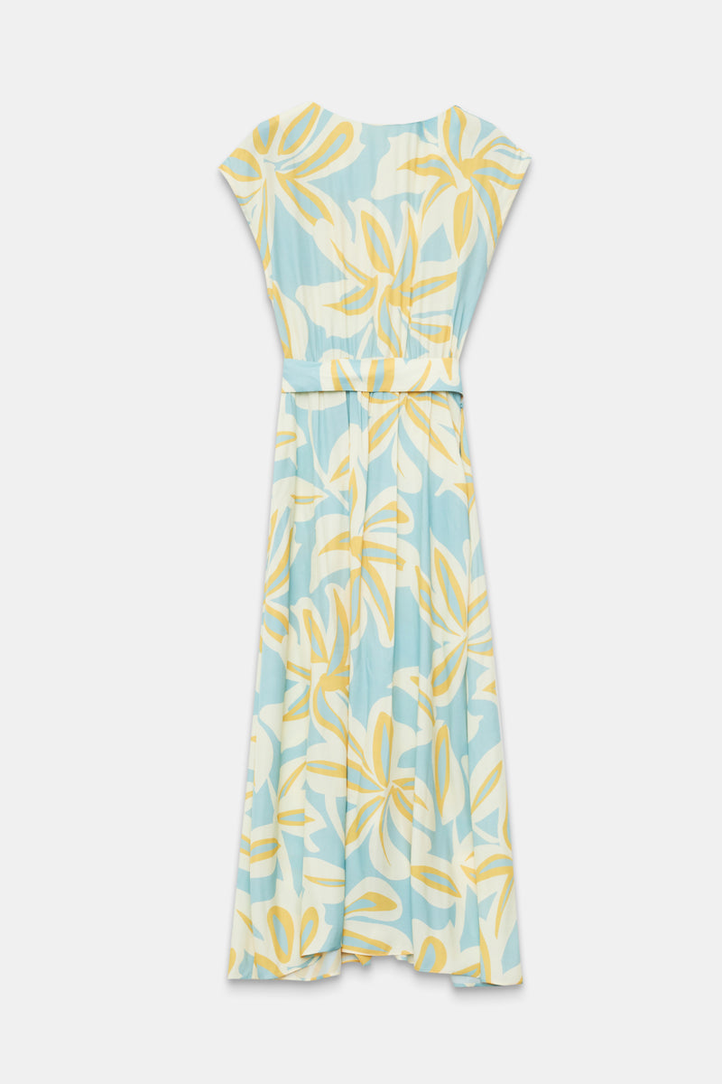Setre V Neck Tie Waist Detail Patterned Dress Turquoise